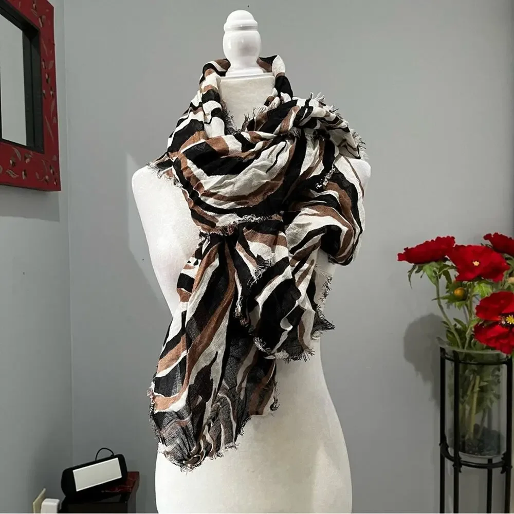 NEW Ann Taylor Loft Linen Multicolor Raw Hem Oversized Neutral Wrap Scarf OS NWT